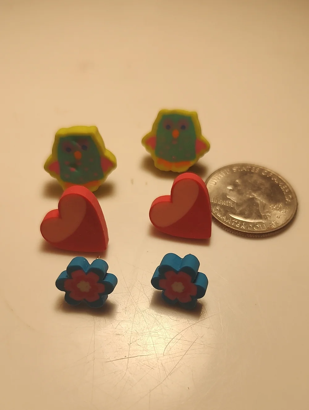 Kids Heart, Flower & Owl Earrings Lot X 3
